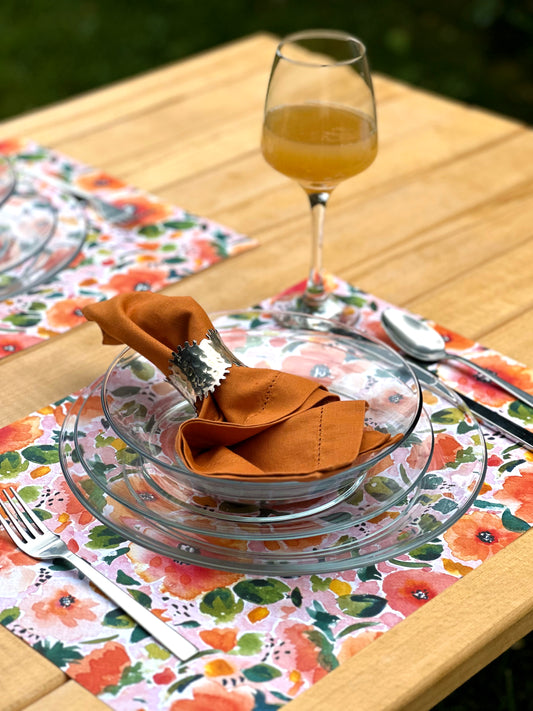 Disposable paper placemats with floral print for dining tables, parties, and outdoor gatherings